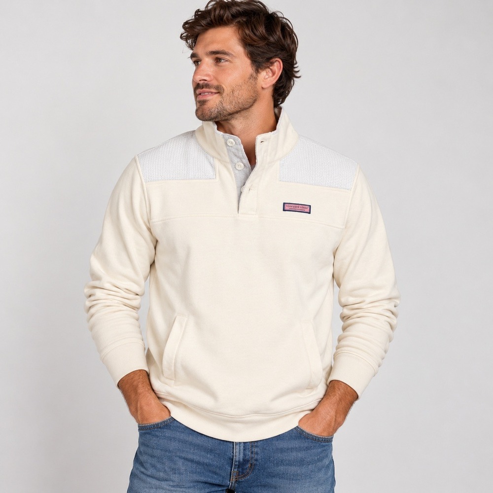 Vineyard Vines Mens XS Cream Seersucker Yoke Quarter Button Pullover Sweatshirt